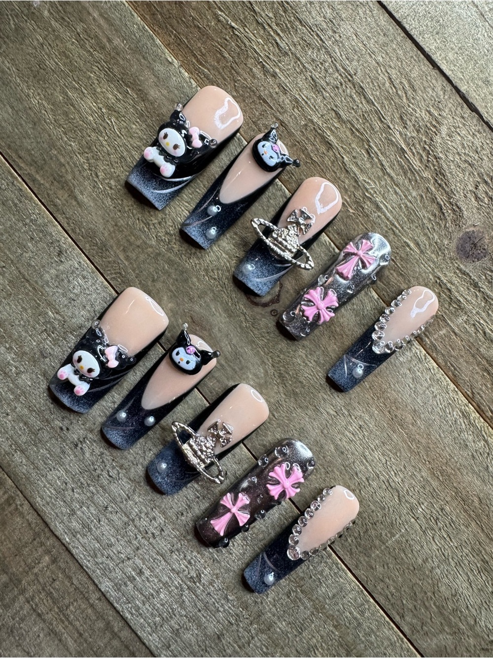 Kuromi Gothic Glam Press-On Nails Black Pink 3D Charm Long Square Large